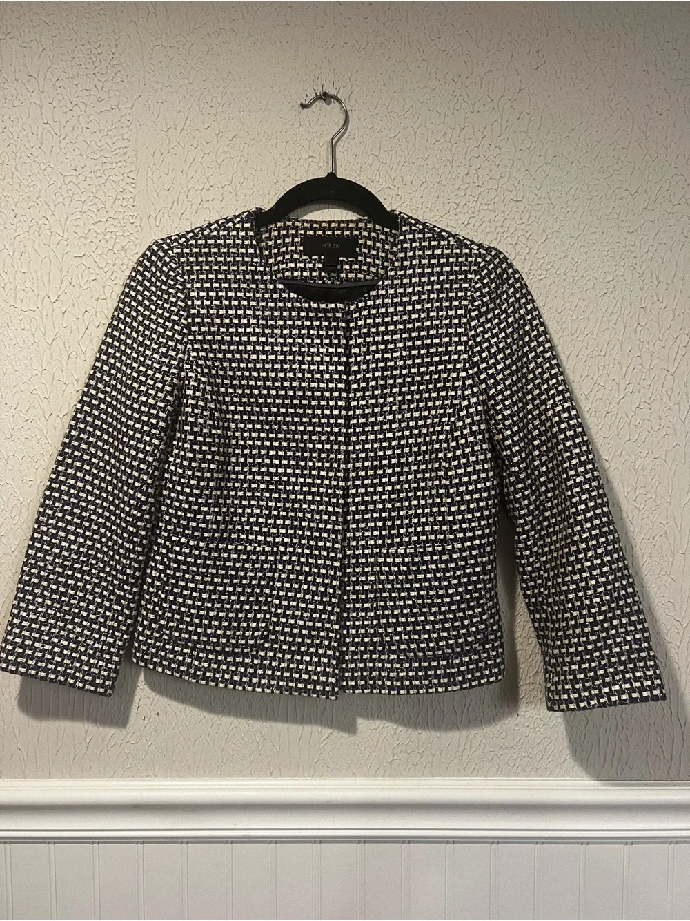 J. Crew Metallic Navy Silk blend Tweed collarless blazer size 0